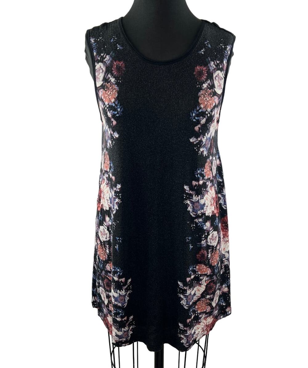 SILENCE + NOISE Black Floral Print Sleeveless Round Neckline Tunic Top Size M